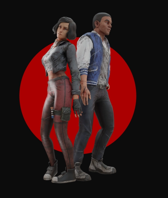 Avatar Two survivor characters, a woman and a man, standing back to back in a post-apocalyptic outfit against a red circular background.