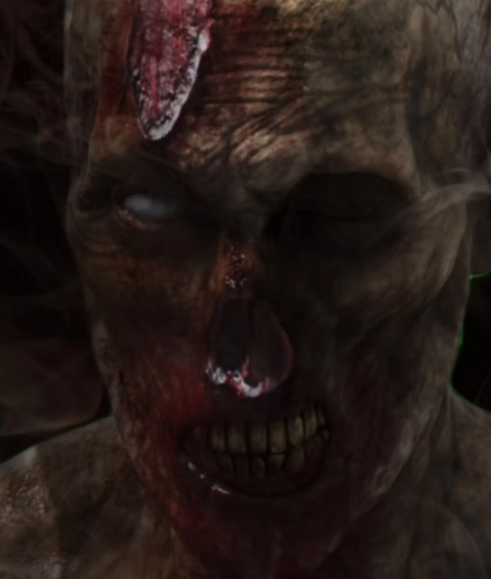 Avatar2 Close-up of a terrifying zombie with decayed skin, glowing eyes, and an open wound on its forehead in a dark, eerie atmosphere.