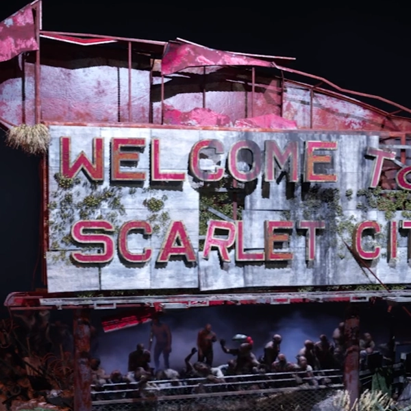 Gallery game 1 A decayed and overgrown "Welcome to Scarlet City" sign on a destroyed structure, with a horde of zombies lurking beneath in a dark, post-apocalyptic setting.