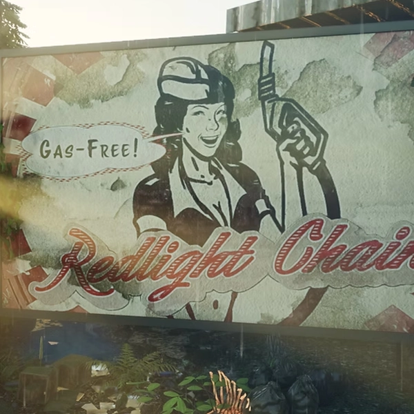 Gallery game 2 A weathered billboard featuring a vintage-style gas station attendant with the slogan "Gas-Free!" promoting Redlight Chain, set in a post-apocalyptic environment with overgrown vegetation.