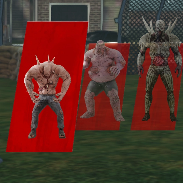 Gallery game 4 Three monstrous zombie creatures displayed on red selection panels in a post-apocalyptic environment, showcasing different enemy types in the game.