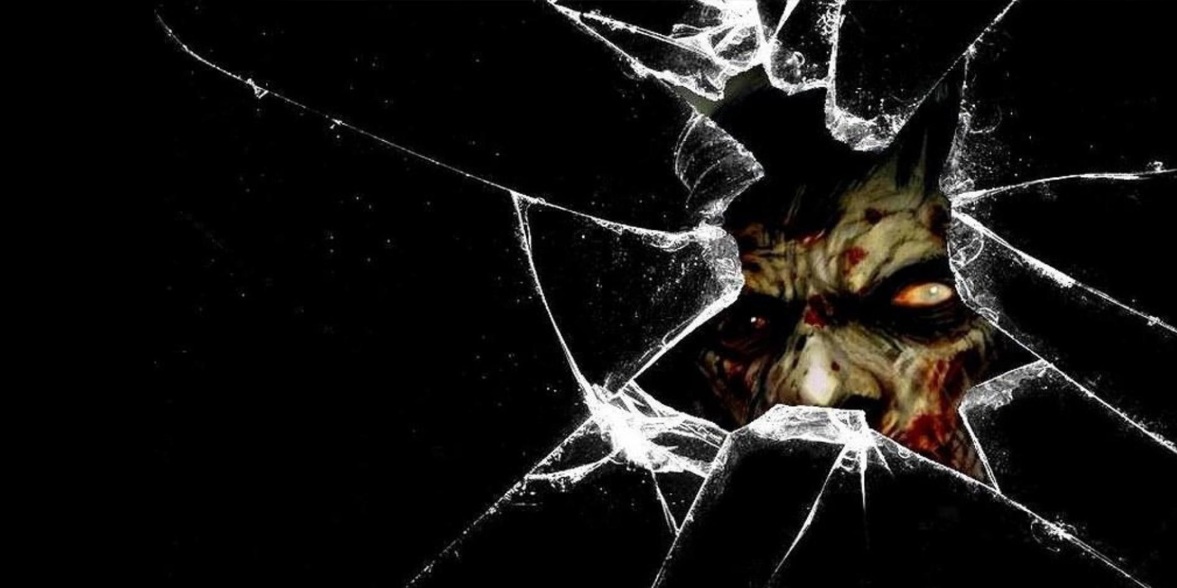 A menacing zombie with glowing eyes peering through a shattered glass hole in a dark, eerie setting.