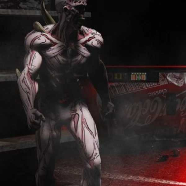 Zomfi game screenshot1 A monstrous zombie-like creature with exposed muscles and glowing eyes standing in a dark, eerie urban environment with a destroyed vending machine in the background.