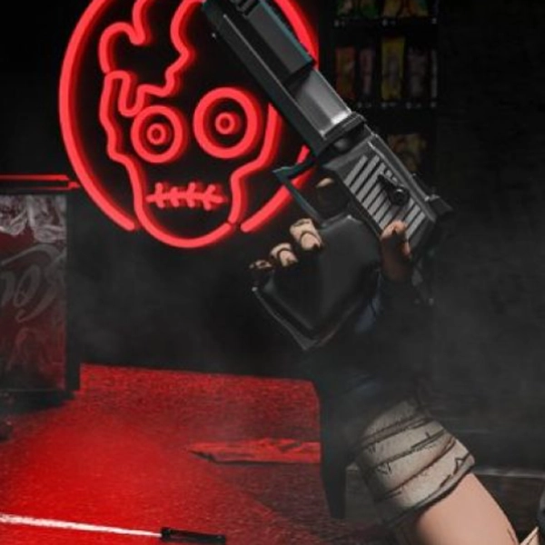 Zomfi game screenshot2 A close-up of a character holding a handgun in a dark environment with a glowing neon zombie face sign in the background.