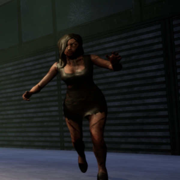 Zomfi game screenshot3 A female zombie in a torn dress approaching in a dark urban environment, creating a tense and eerie atmosphere.