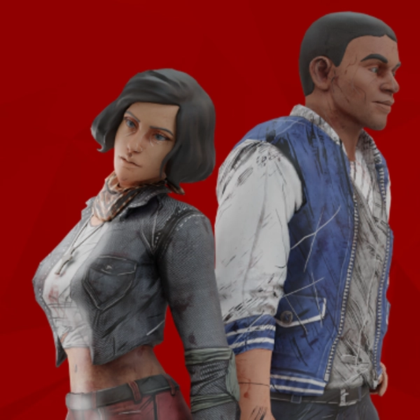 Zomfi game screenshot4 Two survivor characters from Zomfi, a woman and a man, standing back to back in worn-out clothing against a red background.