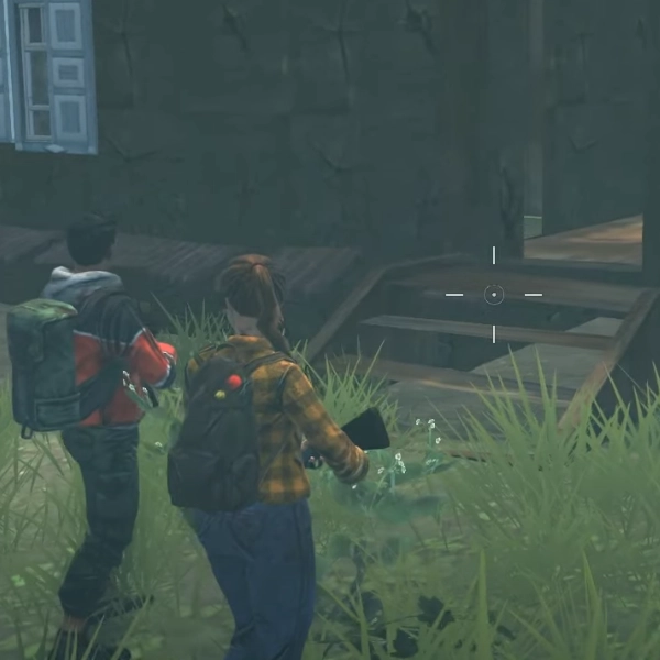 Zomfi game screenshot5 Two survivor characters exploring an overgrown abandoned house in a post-apocalyptic setting, with a crosshair aiming at the entrance.
