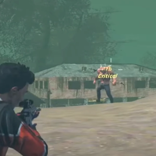 Zomfi game screenshot6 A survivor aiming at a mutated zombie in a foggy, abandoned area, with a "Critical" damage indicator appearing on the enemy.