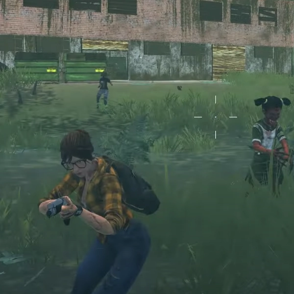 Zomfi game screenshot7 A survivor crouching with a handgun, preparing to fight against approaching zombie children in an overgrown, abandoned area near a decayed building.