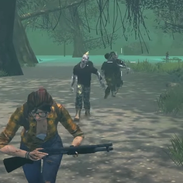 Zomfi game screenshot8 A survivor wielding a shotgun while fleeing from fast-approaching zombies in a swampy, eerie forest environment.