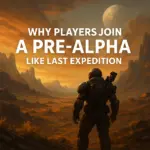 A sci-fi soldier in exosuit overlooking an alien landscape at sunset, with bold text promoting a pre-alpha game phase for Last Expedition.