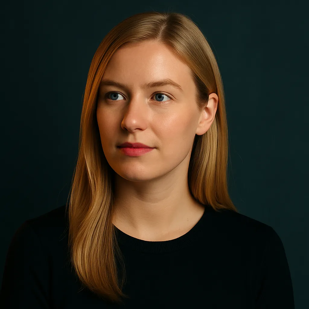 Portrait of a young Danish woman with long blonde hair and blue eyes, looking thoughtfully into the distance against a dark blue-green background, representing Laura Oken.