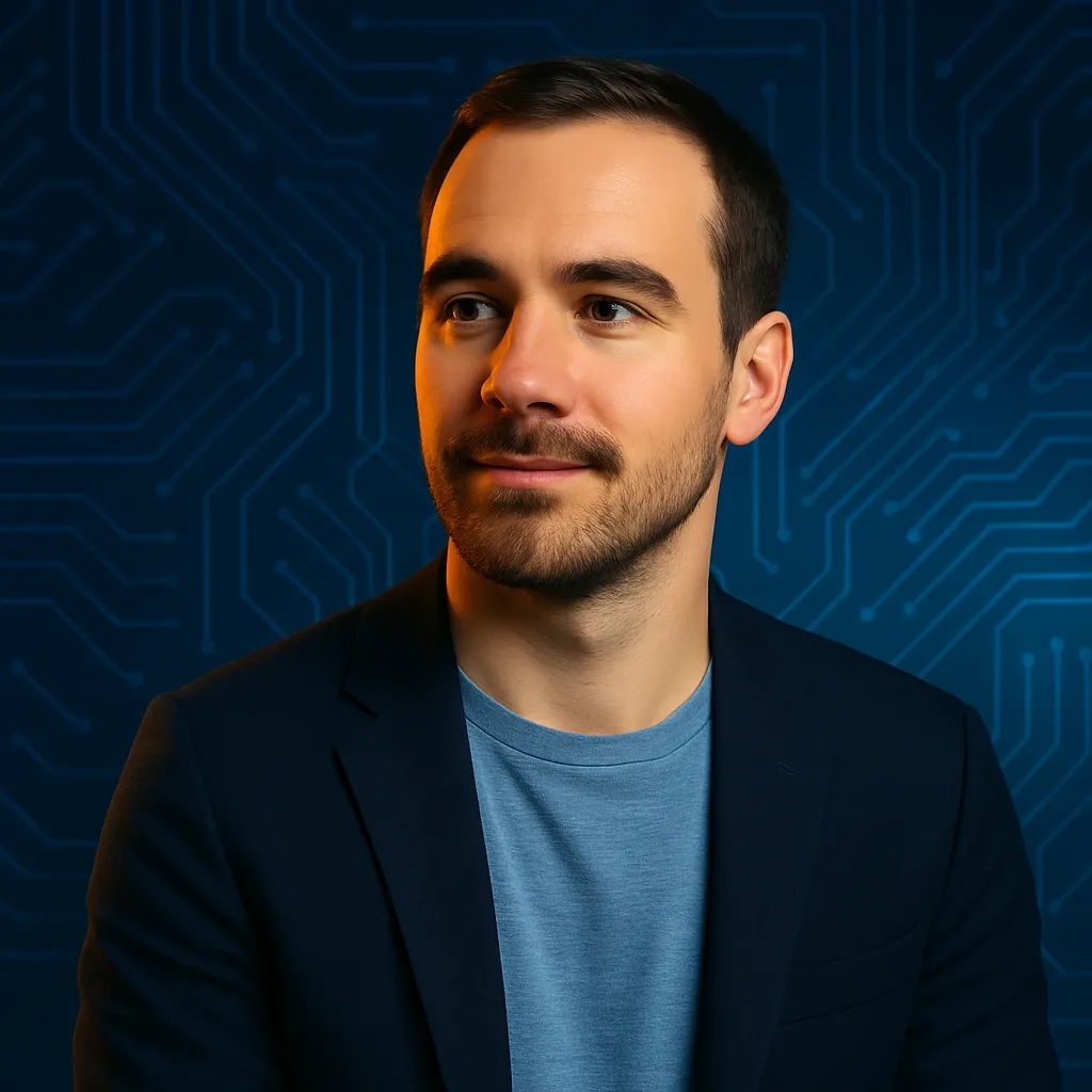 Portrait of a confident young man with short dark hair and beard, dressed in a navy blazer and light blue shirt, standing against a digital circuit board background.