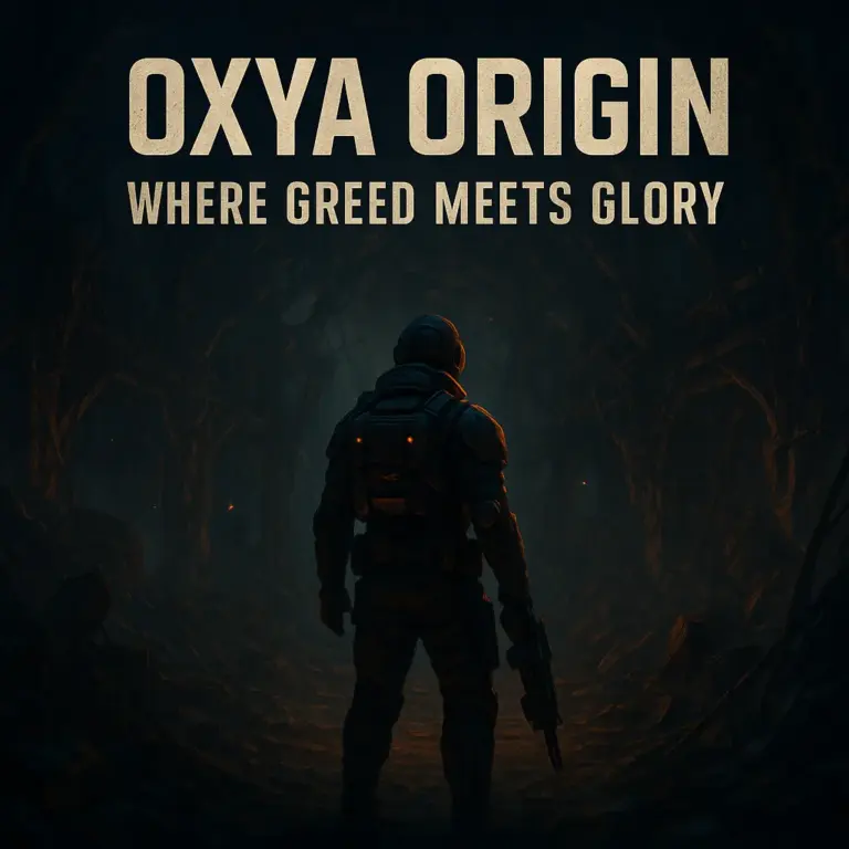 A futuristic soldier stands armed in a dimly lit, decaying mine tunnel, illuminated by eerie orange light, under the title "Oxya Origin: Where Greed Meets Glory"