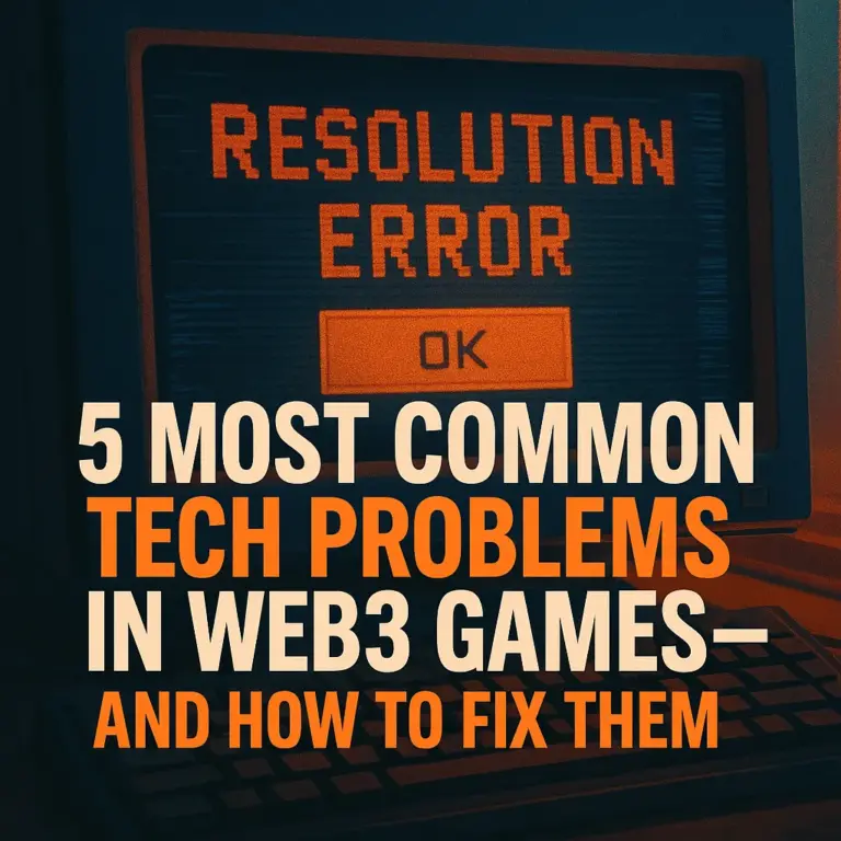 A retro computer screen showing a resolution error message with bold text highlighting the top five tech problems in Web3 games and how to fix them.