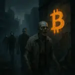 A dark, post-apocalyptic city street with zombies approaching, glowing Bitcoin graffiti on a wall, and digital elements in their faces symbolizing blockchain gaming.