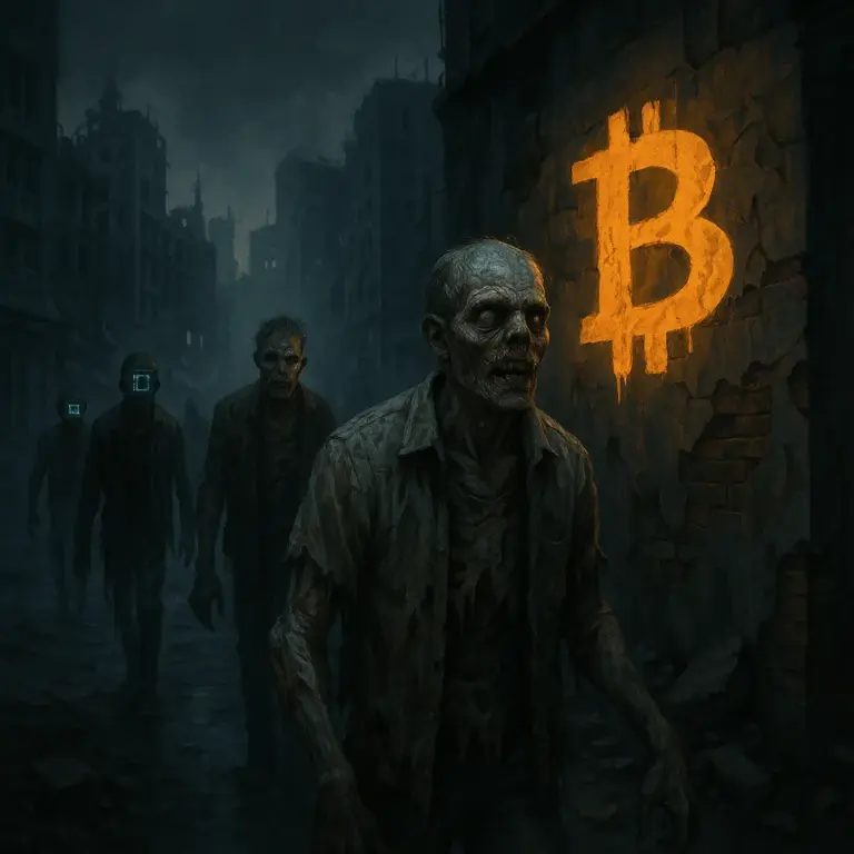 A dark, post-apocalyptic city street with zombies approaching, glowing Bitcoin graffiti on a wall, and digital elements in their faces symbolizing blockchain gaming.