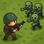 Cartoon-style top-down 2D illustration of a soldier with a rifle facing three zombies on a grassy battlefield.