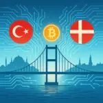 A digital bridge connecting Turkey and Denmark with circuit lines, national flags, and a glowing Bitcoin symbol, symbolizing global crypto collaboration.