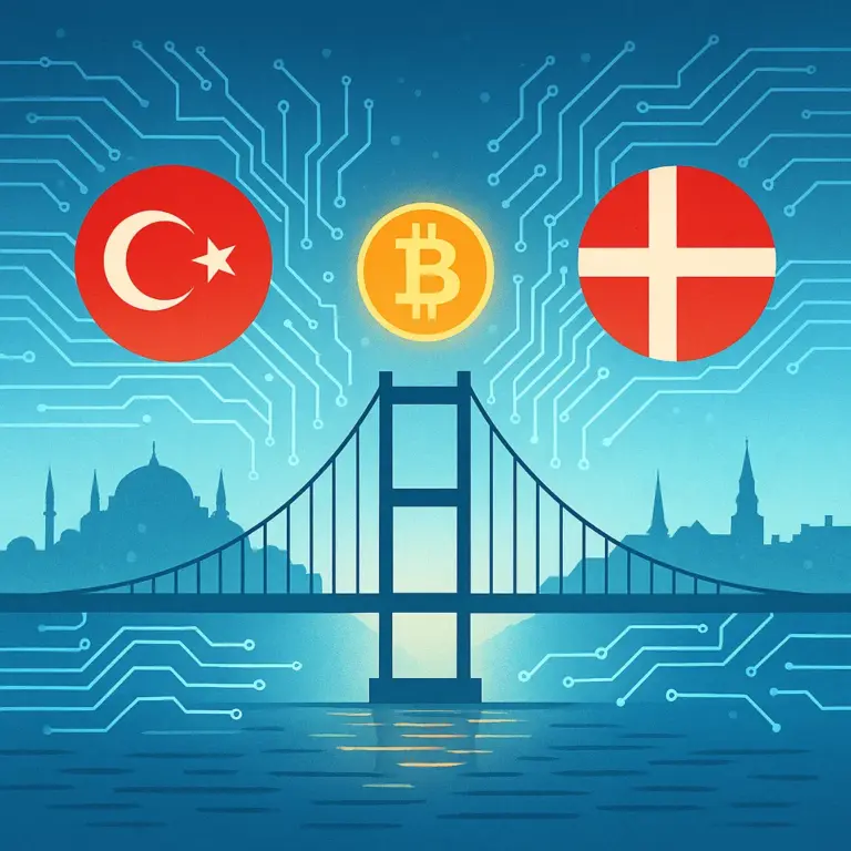 A digital bridge connecting Turkey and Denmark with circuit lines, national flags, and a glowing Bitcoin symbol, symbolizing global crypto collaboration.